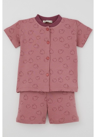 Breeze Kız Bebek Pijama Takımı Elma Desenli Önden Düğmeli 4 Ay - 1 Yaş , Gülkurusu
