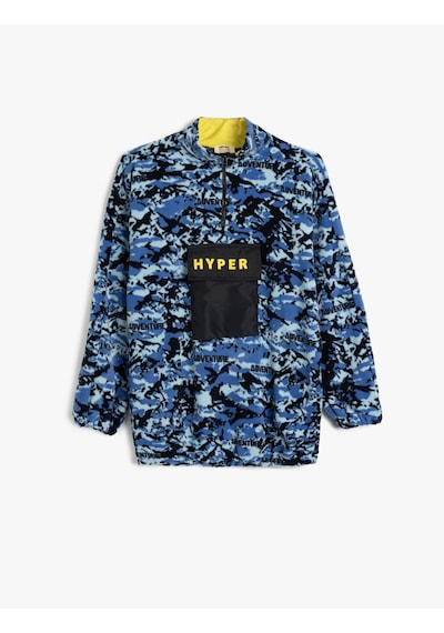 Koton Oversize Polar Sweatshirt Dik Yaka Yarım Fermuar Kanguru Cepli Mavi Desenli 5wkb10188tk Mavi