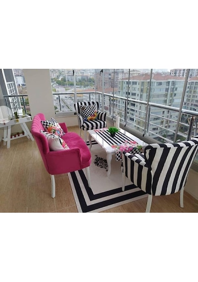 Azra Mobilya Çay Seti Koltuk Takımı Ahşap Mobilya Takımı Balkon Bahçe Ofis Cafe Mobilyası 2 1 1 Beyaz - Fuşya