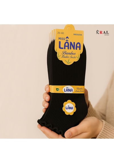 Kral Socks Kadın Bambu Çorap 6 Çift Fırfırlı Patik Kadın Çorap Siyah