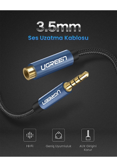 Ugreen 3.5 Mm Jack Ses Aux Örgülü Uzatma Kablosu 1 Metre, 40673