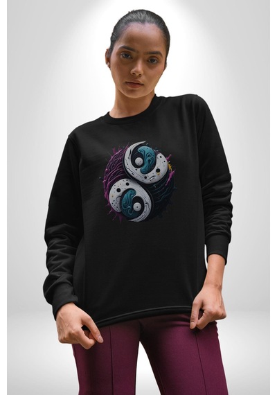 Renkli Yin İle Yang Kuramı Unisex Siyah Baskılı Sweatshirt Siyah