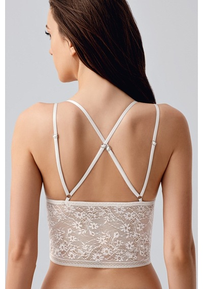 New Bra Çiçek Motifli Uzun Dantel Crop Bralet Ekru 8329