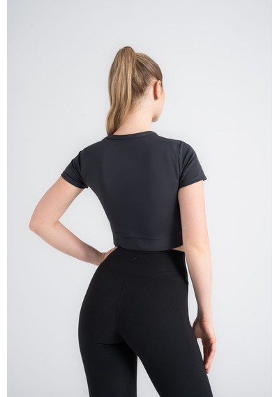 Kadın Antrasit Crop T-shirt Kısa Kollu, Bisiklet Yaka, Tüylenme Siyah