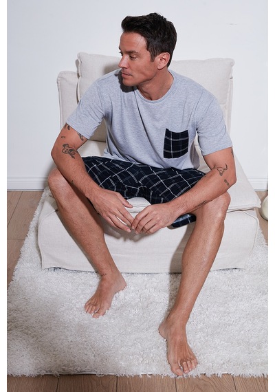 Buratti Kareli Regular Fit Pamuklu Bisiklet Yaka Kısa Kollu Şortlu Erkek Pijama Takımı 6572020 Gri Melanj