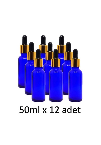 Damlalık, 12 Adet 50ml Damlalıklı Cam Mavi Renk Şişe, Metal Gold