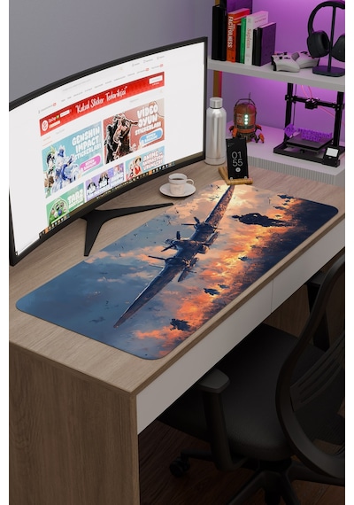 Airplane Uçak Kaymaz Dikişli Kauçuk Oyuncu Mousepad V5 - 90x40 Xxl Gaming Mouse Pad Fare Altlığı