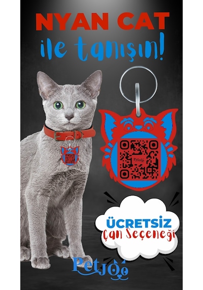 Petjoo 2.Nyan Cat Mavi-Kırmızı Qr'lı Kedi Künyesi