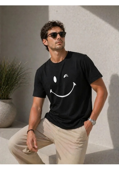 Veraura Lifestyle Erkek Minimal Gülümseyen Yüz Baskılı Tişört Kısa Kol Yazlık T-shirt - Siyah