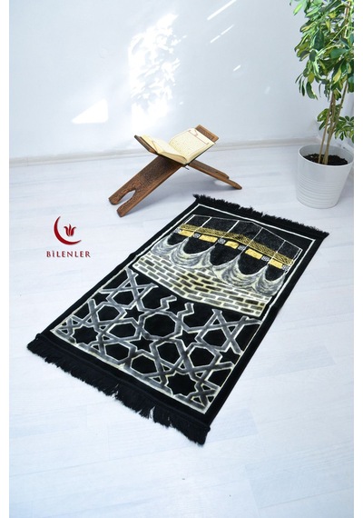 Kabe Desenli Lüks Kadife Dokuma Seccade Siyah-beyaz