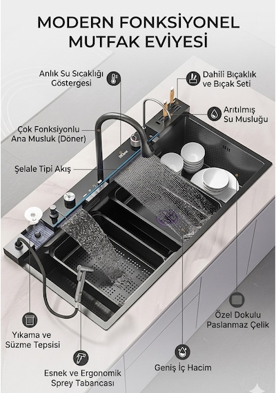 Lüx Dijital Akıllı Eviye Seti Premium Black Akıllı Mutfak Evyesi- 100x46 Cm Çok Fonksiyonlu Siyah Lüx Dijital Akıllı Eviye Seti Premium Black Akıllı Mutfak Evyesi- 100x46 Cm Çok Fonksiyonlu Siyah