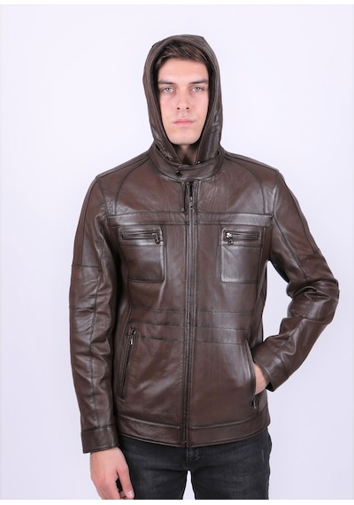 New Zaya Leather Erkek Kahverengi Kapüşonlu Deri Mont Kahverengi