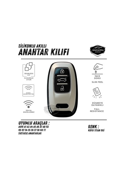 Audi A1 A3 A4 A5 A6 A7 A8 Q3 Q5 Q7 S4 S5 S6 S7 S8 R8 Tt Quattro Uyumlu Silikon Anahtar Kılıfı Oto Anahtar Kabı Darbe Emici Anahtarlık Koyu Titan Gri 00 Şüscaroto Aksesuar