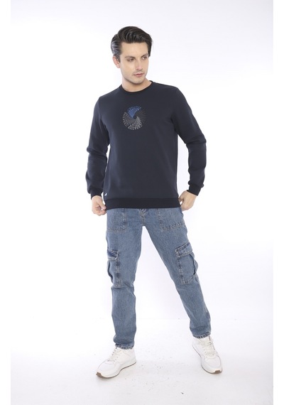 Escetic Erkek Spor Slimfit, Bisiklet Yaka Lacivert Sweatshirt-426 Lacivert