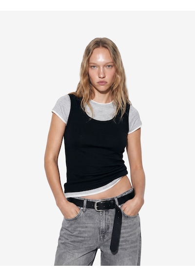 Koton Slim Fit Bisiklet Yaka Katmanlı Viskon Karışımlı Kısa Kollu Tişört Siyah 6sal10435ık