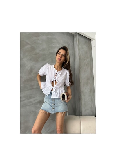 Verymoda Pembe Önden Bağlamalı Poplin Bluz D2699 BEYAZ