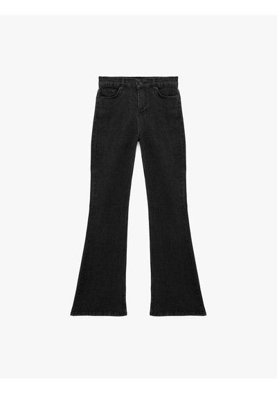 Koton Pamuklu Dar Kesim Düğmeli Cepli İspanyol Paça Denim Pantolon - Flare Jeans Siyah 7sal40024md