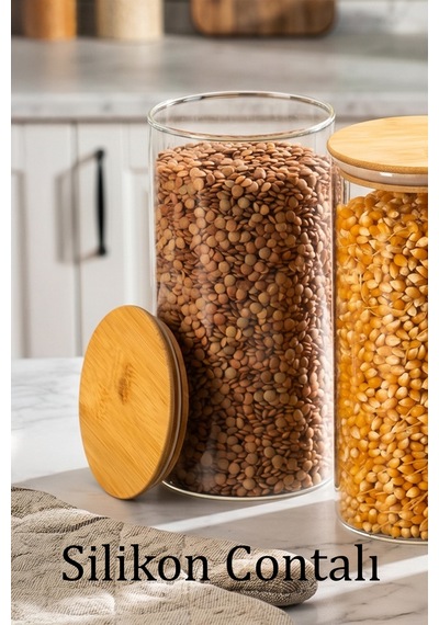 Porsima 2-3 Bambu Vakumlu Kapaklı Yuvarlak Borosilikat Cam 6lı Kavanoz Seti Saklama Kabı 1300ml 10x20cm Cam - Şeffaf