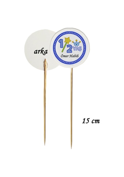 15 Cm Uzun Kürdan - 20 Adet Kişiye Özel Mavi Half Birthday Baskılı Pasta Kürdanı
