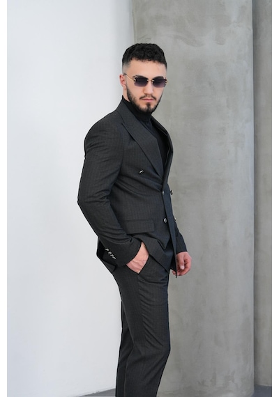 Dupont Classics Dupont Slim Fit Sivri Yaka 6 Drop Çift Yırtmaç Çizgili Viskon Kruvaze Erkek Takım Elbise Antrasit - Gri