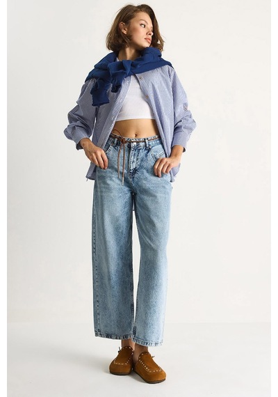 Shade Kadın Geniş Paça Yüksek Bel Deri İp Kemerli Denim Pantolon 5288 60284109 - Kar Yıkama