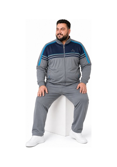 Elloks Erkek Battal Beden Fermuarlı Eşofman Takımı Koyu Gri/lacivert