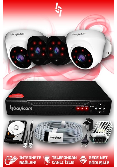 Bayicam 4 Kameralı Uzay 2 İç Kamera Set 1 TB HDD Full HD Gece Görüşlü Güvenlik Kamerası Sistemi
