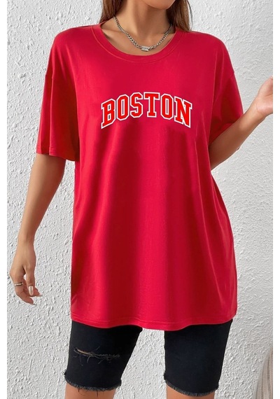 Flood Of Style Unisex Boston Baskılı T-shirt Kırmızı