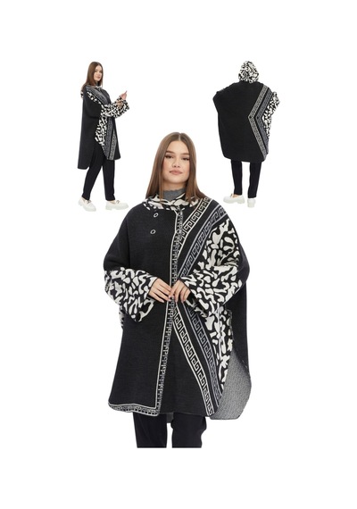 Kadın Büyük Bedene Uygun Kapüşonlu Kışlık Kalın Leopar Desenli Panço Leopar Siyah