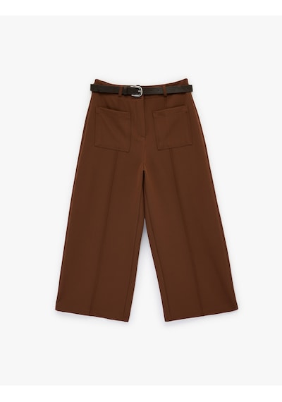 Koton Aplike Cep Detaylı Geniş Paça Kemerli Kumaş Pantolon Kahverengi 6sak40134pw Kahve