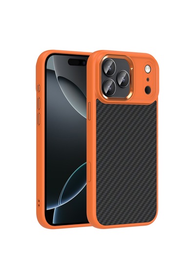 Apple Uyumlu iPhone 17 Pro Kılıf M-safe Şarj Özellikli Karbon Fiber Görünümlü Zore Truva Silikon Kapak Turuncu