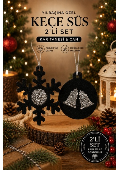 Taşlı Keçe Yılbaşı Süsü 2 Li Set Kar Tanesi & Çanlı Top Çift Taraflı 4 Renk Seçenekli Siyah