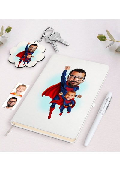 Kişiye Özel Süper Baba Ve Oğul Karikatürlü Beyaz Defter Kalem Ve