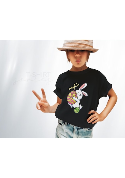 Bk Gift Paskalya Tasarımlı Kız Çocuk Siyah T-shirt, Arkadaşa Hediye, Doğum Günü Hediyesi, Trend Tişört, Paskalya Bayramı-5
