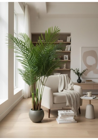 Yapay Ağaç Areka Ağacı Palmiye Ağacı Mokka Küre Saksıda 140cm Salon Bitkisi Yeşil