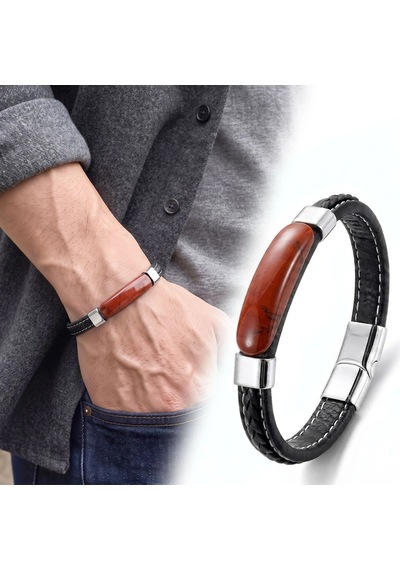 Moncuk Design Kırmızı Jasper Terra Doğal Taşlı Deri Çelik Erkek Bileklik 33512b1d15 Çok Renkli