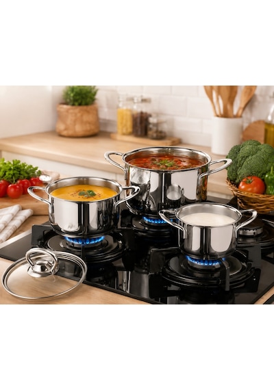 Oms Collection - 6 Parça İndüksiyon Taban Sos Mama Çorba Mini Derin Tencere Seti 1155 - Gümüş