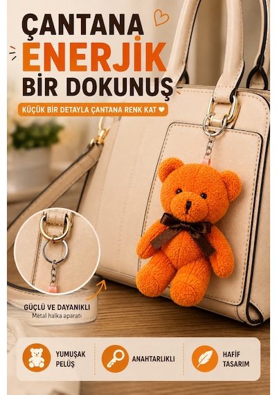 1 Adet Turuncu Peluş Ayıcık Anahtarlık 15x8 Cm Çanta Sırt Çantası Anahtar Aksesuar Sevimli Fiyonk