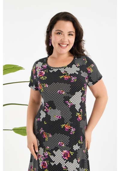 Madwilo Kadın Siyah Beyaz Floral Petek Desen Büyük Beden Esnek Midi Elbise