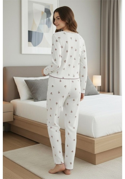 Siyah İnci Dantelli Bürümcük-krınkıl Uzun Kollu Pijama Takım Beyaz