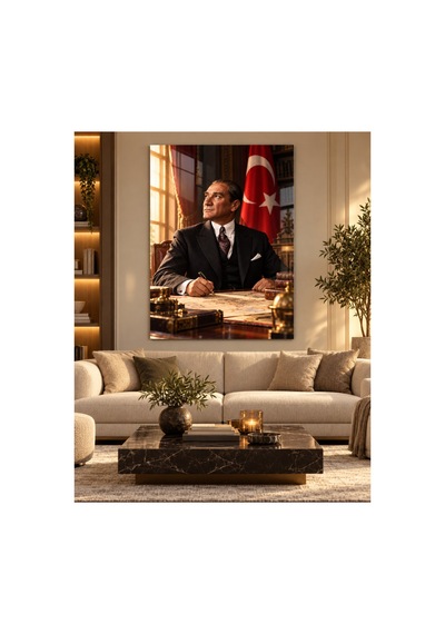 Çalışma Odasında Atatürk Ve Türk Bayrağı Temperli Cam Tablo