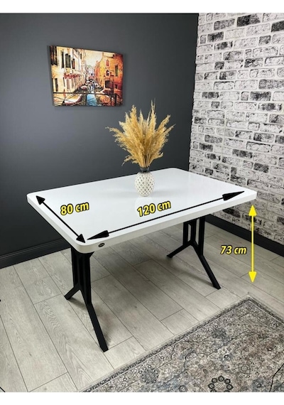 Sultan Beyaz Siyah Mutfak Yemek Masası Balkon Masası Kavisli Köşe Metal Siyah Ayak 120 80 Cm
