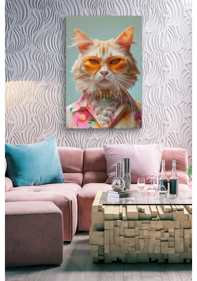 Modernist Kıyafet Giymiş Kedi Yağlı Kanvas Tablo