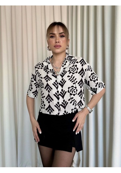 Kazax Siyah Beyaz Baskılı Crop Gömlek Siyah