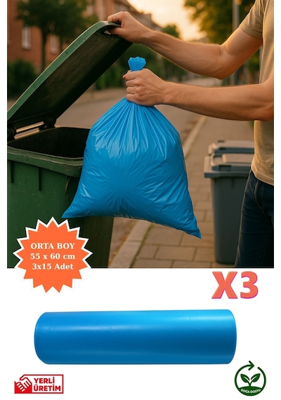 Premium Orta Boy Çöp Poşeti 55x60 Cm 3x15 Adet Ev Mutfak Banyo İş Ofis Avantajlı Ekonomik Paket