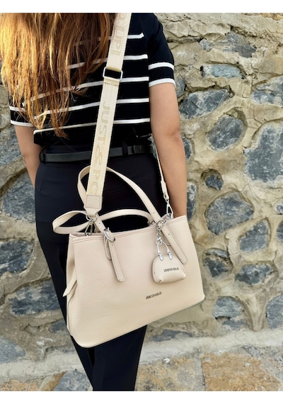 Just Polo Kadın Orijinal Just Polo Yumuşak Deri Ayarlanabilir Askılı Lüks El & Omuz Çantası Shoulder Bag Krem