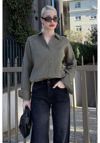 Madmext Haki Muslin Kumaş Basic Kadın Gömlek Mg1660 Haki