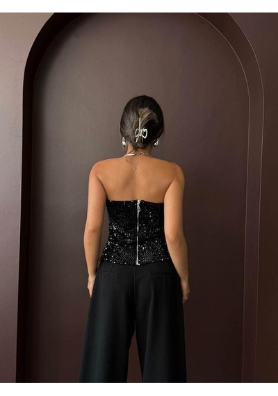 Ckm Moda Rubina Payetli Straplez Bluz Siyah