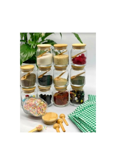 12 Li Etiketli Bambu Kapaklı Ve Kaşıklı 300 Ml Baharat Seti Baharatlık Takımı 609257497 Diğer