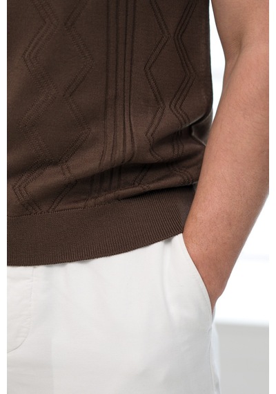 Advante Slimfit Kolları Lastikli Likralı Desenli Polo Yaka Triko T-shirt Kahverengi